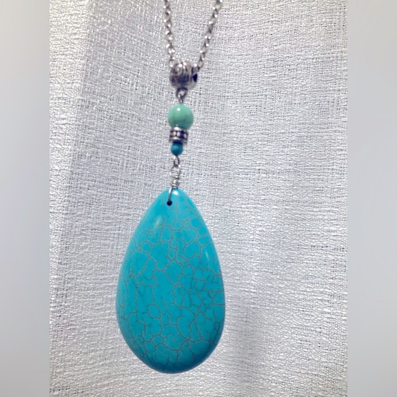 Aqua and silver adjustable necklace, long length. - Picture 2 of 8